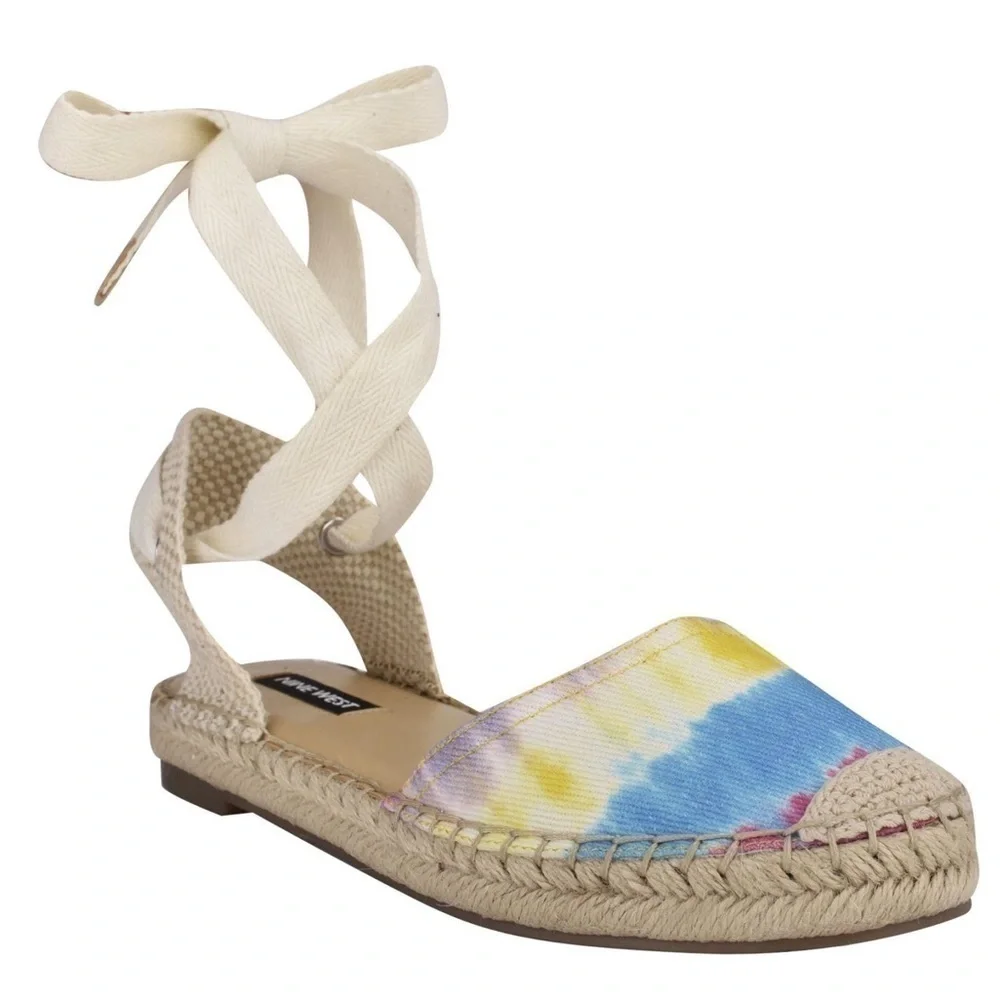 New Nine West Tie Dye Mage Flat Ankle Wrap Espadrille Sandal Spring Sz 8
